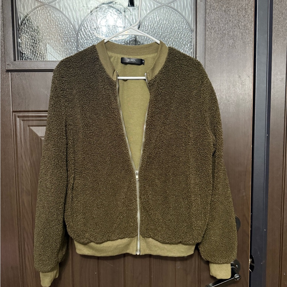 Olive Green Sherpa Zip-Up Jacket